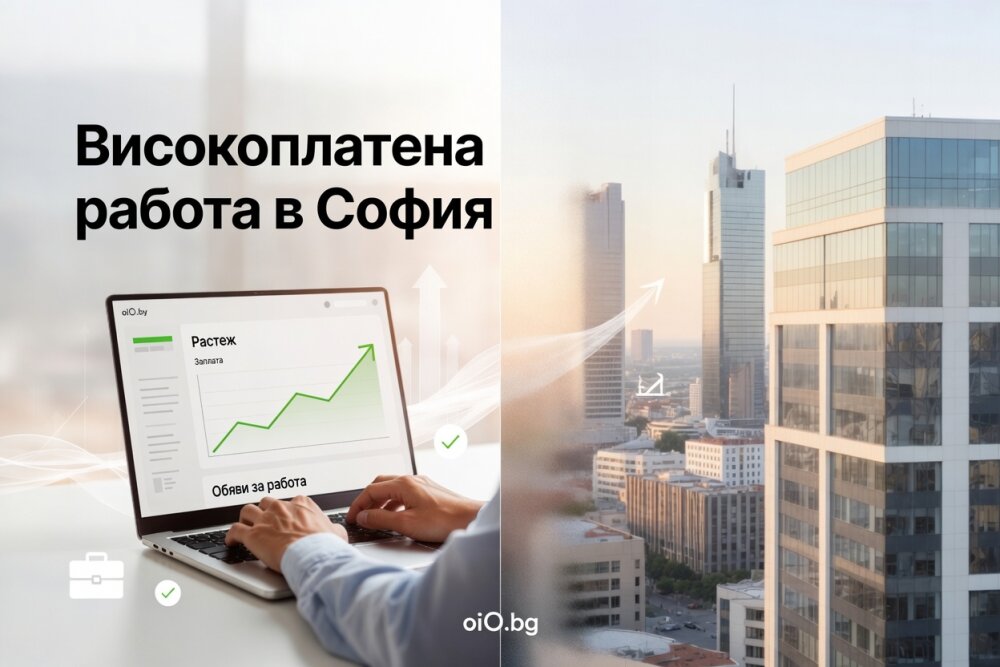 Високоплатена работа в София с лаптоп, графика за растеж на заплата и офис сгради в столицата